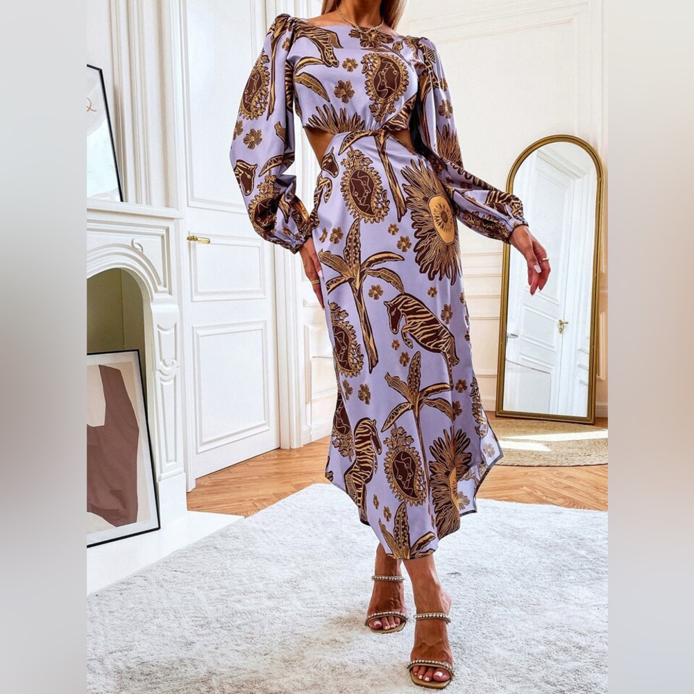 💜Sunday Up Boho Horse & Plant Lantern Sleeve Cut Out Dress in Lavender & Gold